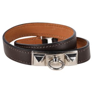 Hermès Mini Rivale doppelte Tour Armband in braunem Kalbsleder 7833153896508