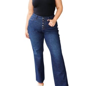 hoher Bund Knopf-Fly gerade Jeans in dunkel waschen 7704742527036