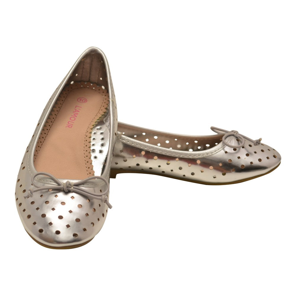 Mädchen Silber perforierte Ballerinas Freizeitschuhe 11-4 Kinder