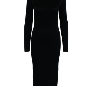 Maje Square-Neck gerippt-gestricktes Midikleid in schwarzem Rayon 7833162776636
