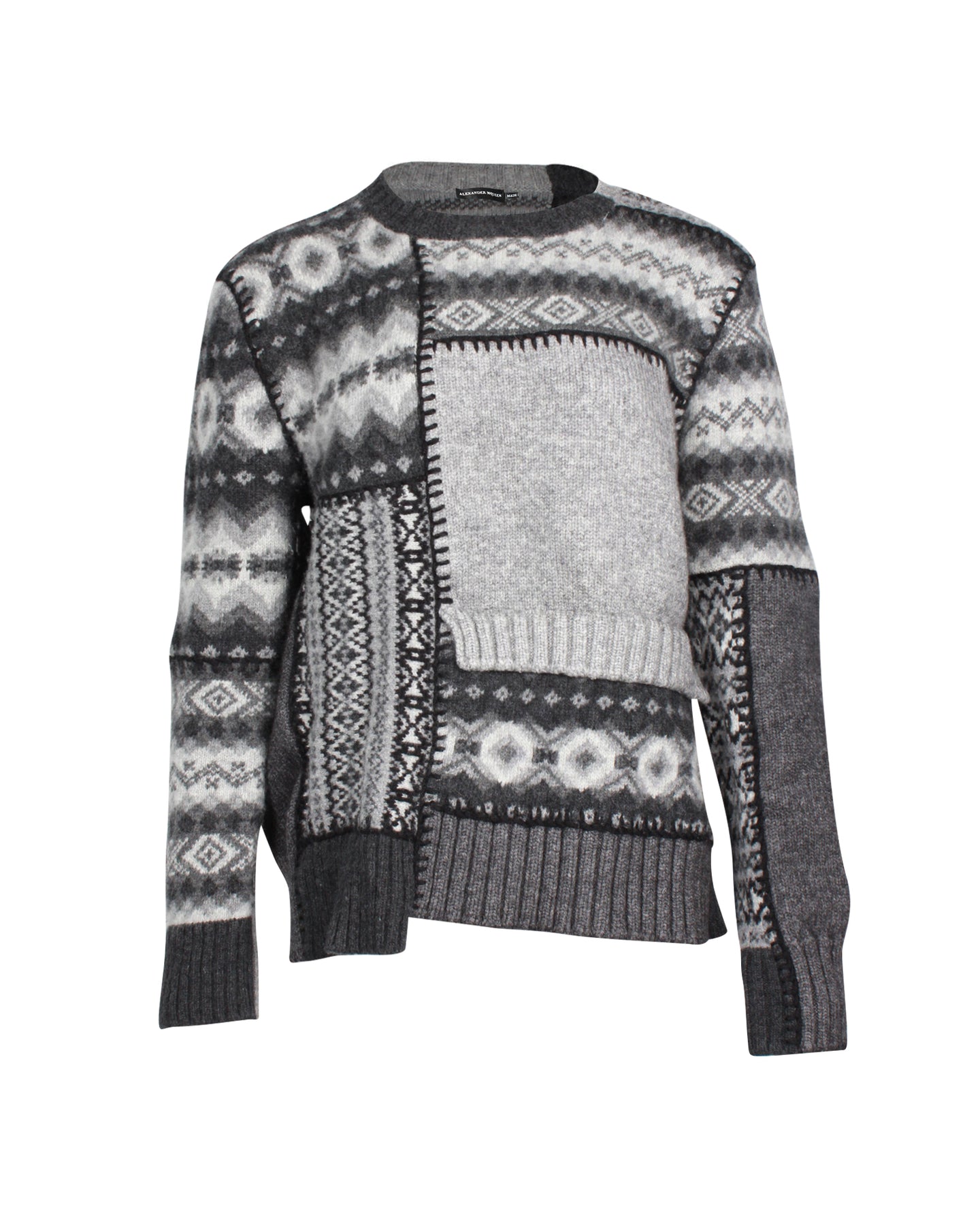 Alexander McQueen Patchwork Fair Isle Pullover aus grauer Wolle