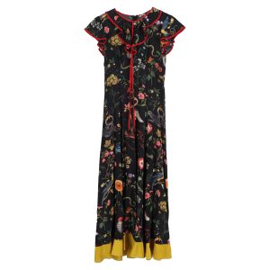 roter valentino Blumenprint Maxikleid in schwarzer Seide 7833172475964