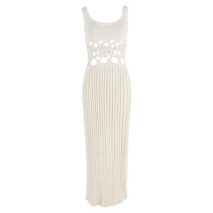Christopher Esber Pleated Maxi Häkel-Knit Torso Kleid aus creme Nylon 7833172934716
