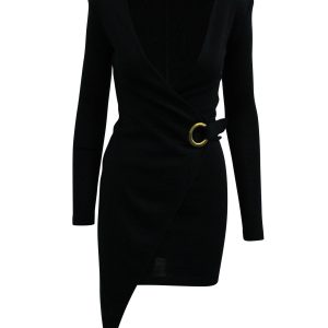 Balmain asymmetrisches Wickelkleid aus schwarzer Wolle 7833172607036
