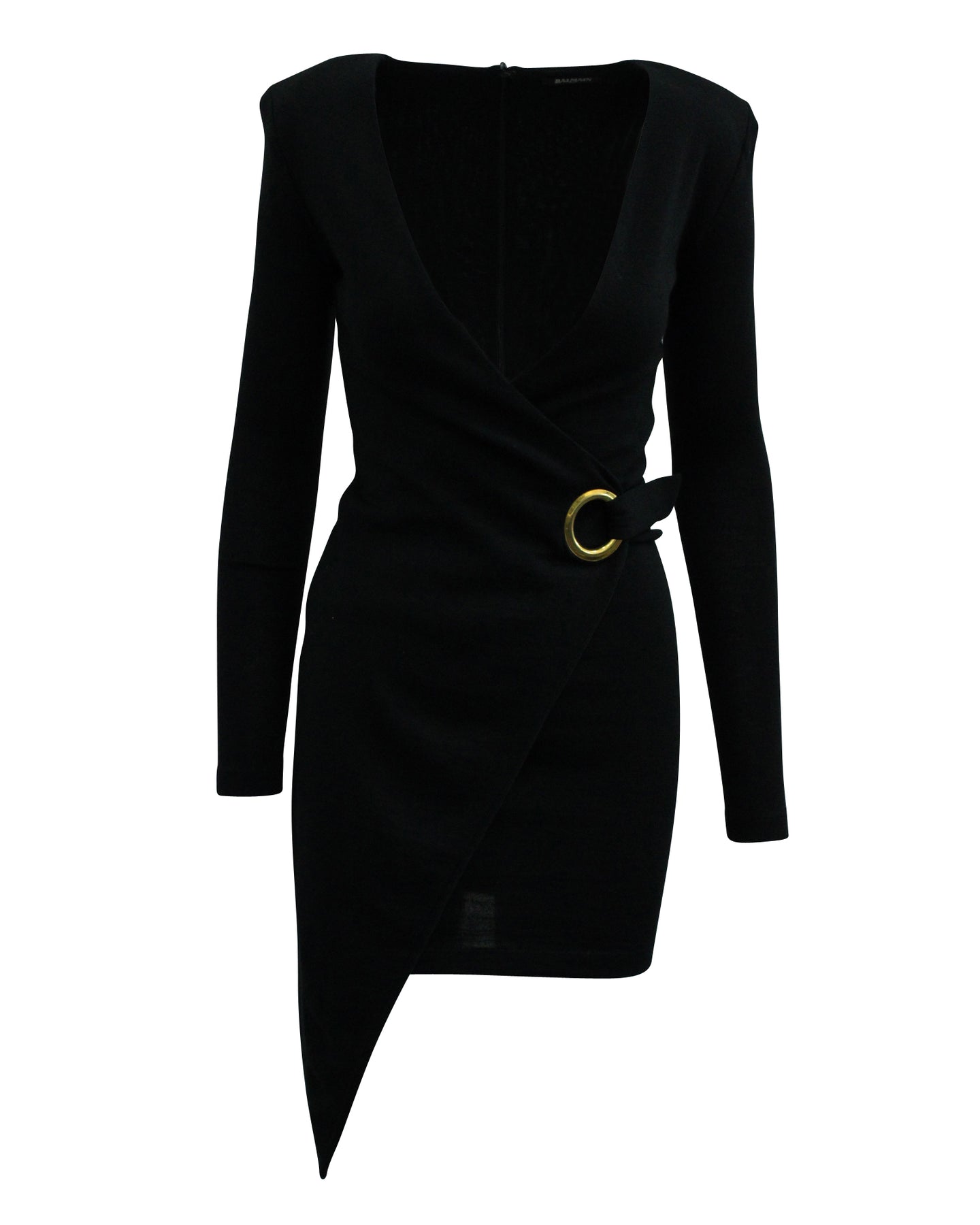 Balmain Asymmetrisches Wickelkleid aus schwarzer Wolle
