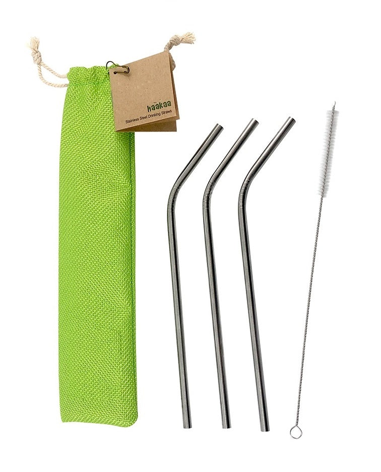 Haakaa Gebogene Edelstahl Strohhalme mit Reinigungsbürste, 3 Stück