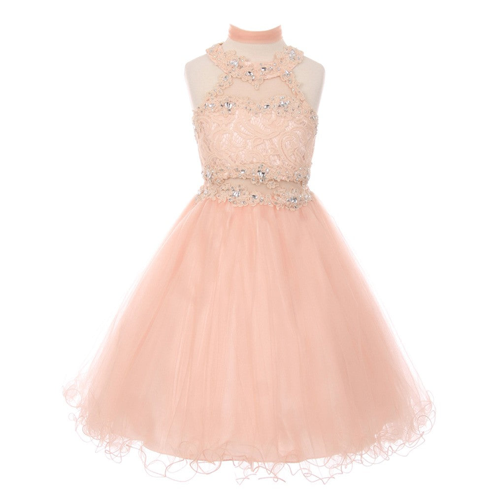 Kleine Mädchen Altrosa Strass Halter Hals Spitze Tüll Blumenmädchen Kleid 4-6