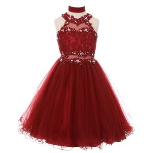 Brautjungfernkleid für große Mädchen, Burgunderrot, Strass, Neckholder, Spitze, Größe 8–20