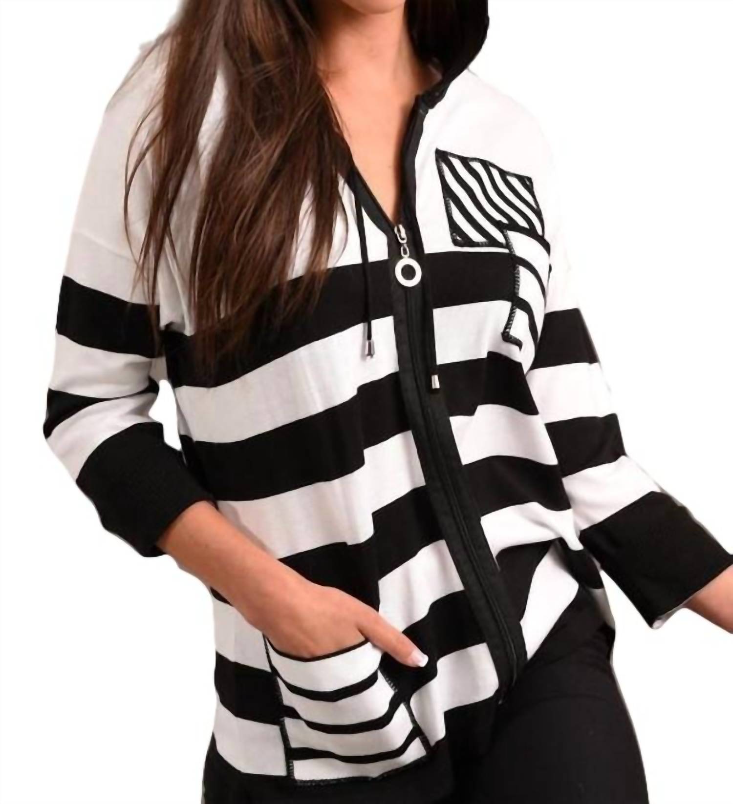 Mehrfarbig Stripe Ärmel Strickjacke mit Kapuze in Schwarz