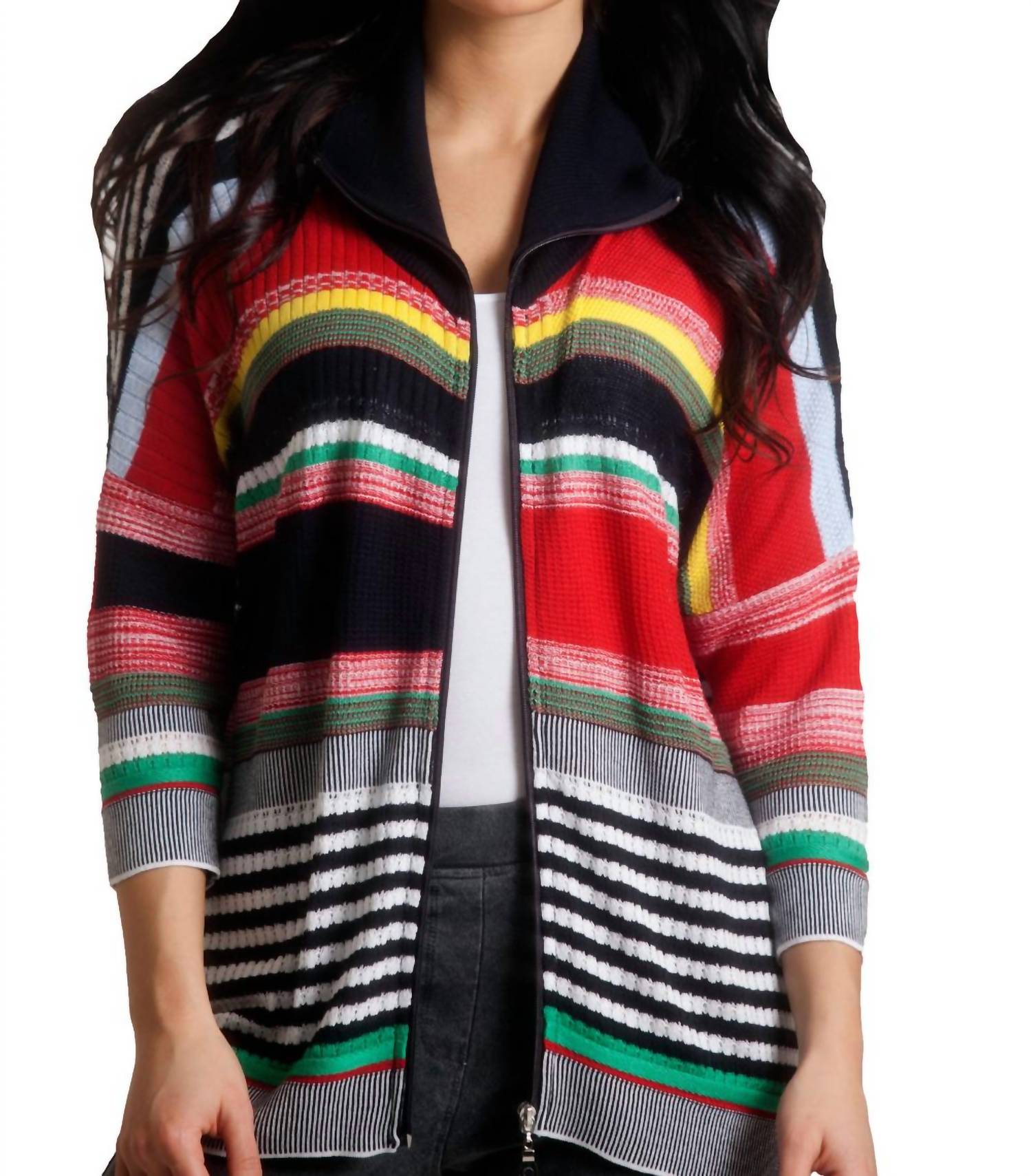 Mehrfarbiger Strickjacke mit 3/4-Ärmeln in Dunkelblau Mehrfarbig