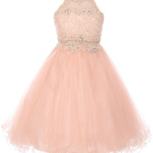 Brautjungfernkleid für große Mädchen, altrosa, Strass, Neckholder, Spitze, Tüll, Größe 8–20