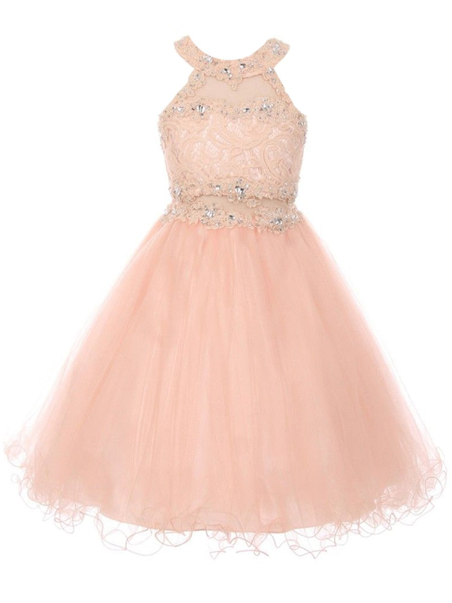 Große Mädchen Altrosa Strass Halter Hals Spitze Tüll Junior Brautjungfer Kleid 8-20
