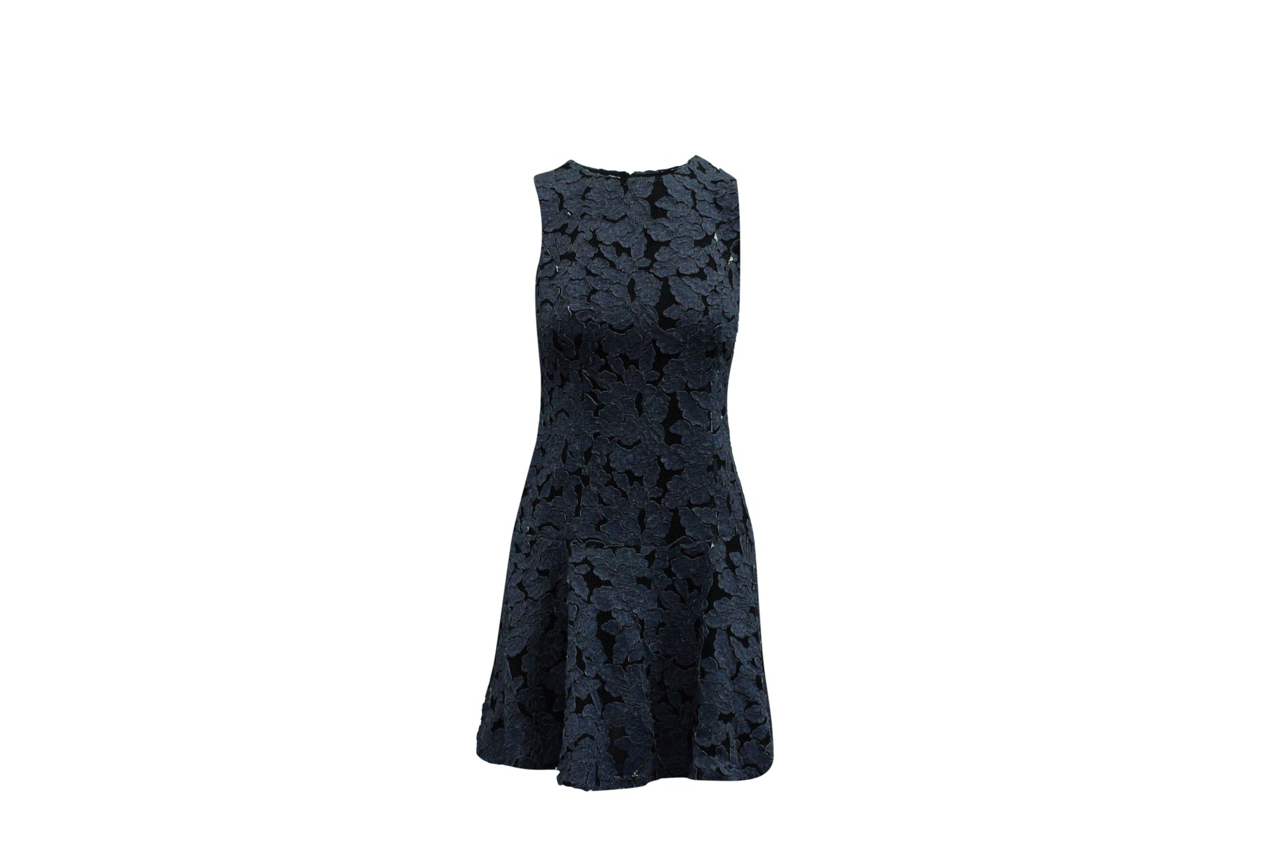 Alice + Olivia Fona Denim Kleid mit Blumenspitze aus blauem Polyester