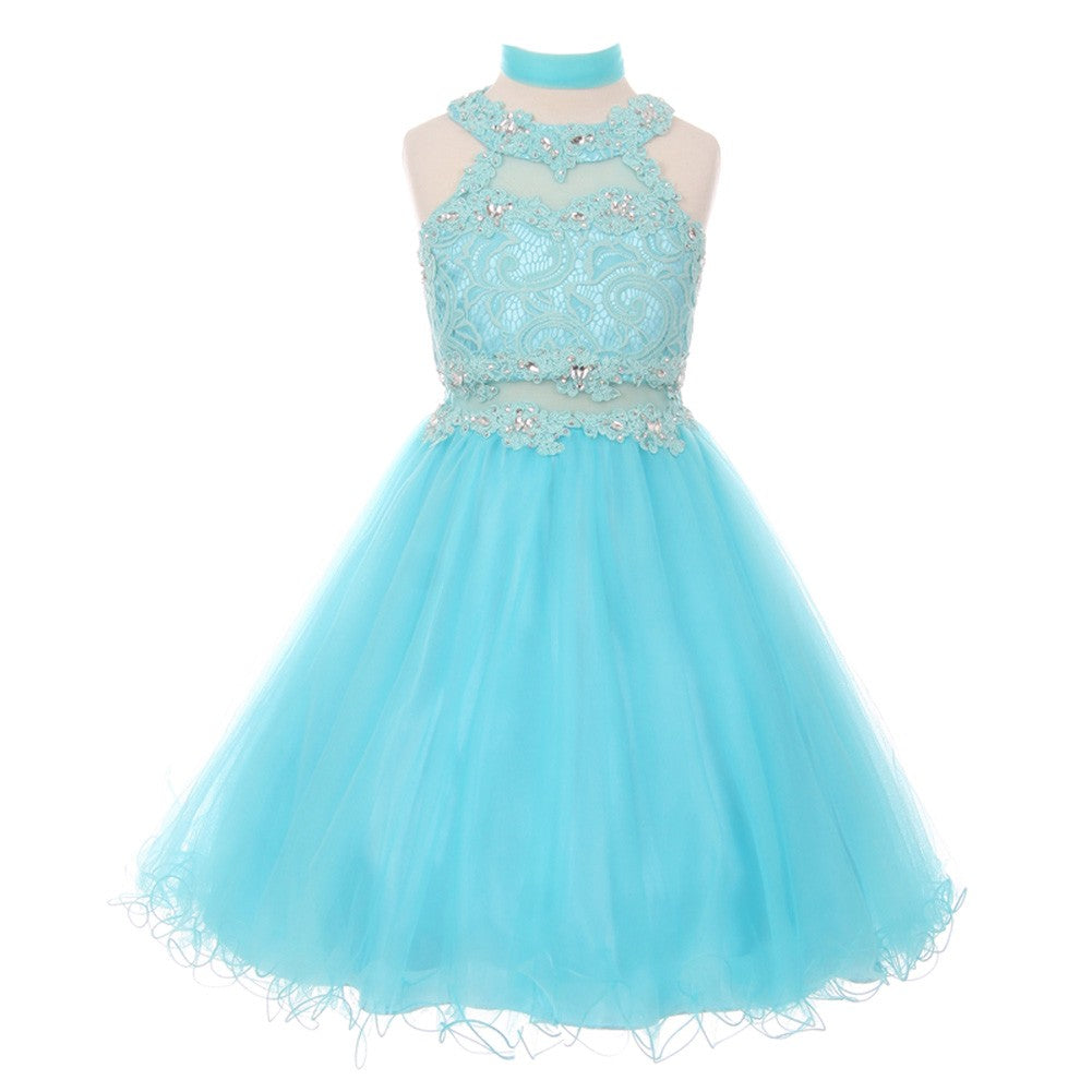 Kleine Mädchen Aqua Strass Halter Hals Spitze Tüll Blumenmädchen Kleid 4-6