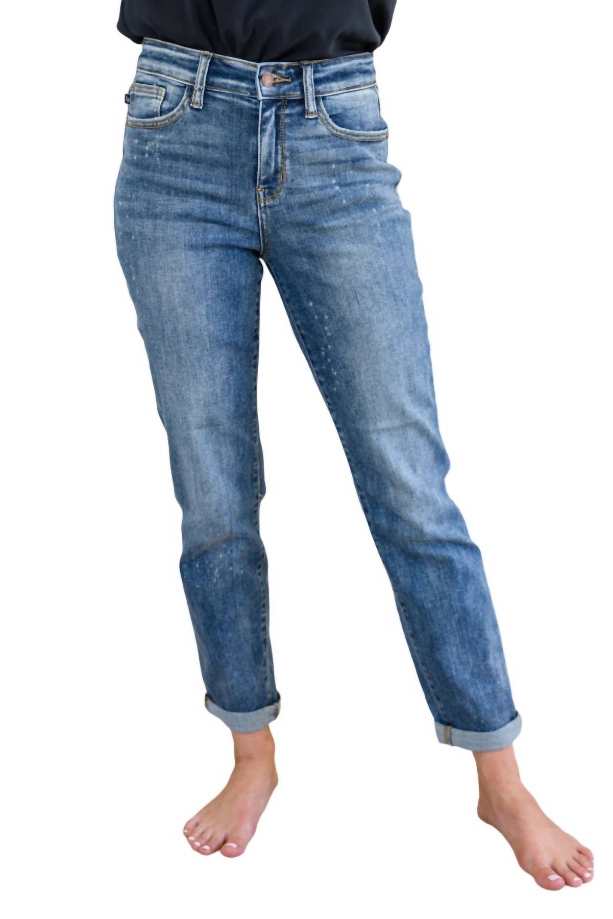 Hi Rise Bleach Splash Boyfriend Jeans in mittlerer Waschung