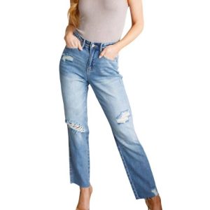 hoher Bund starre Magie zerstören schlanke gerade Jeans in mittlerer Waschung 7704782602300