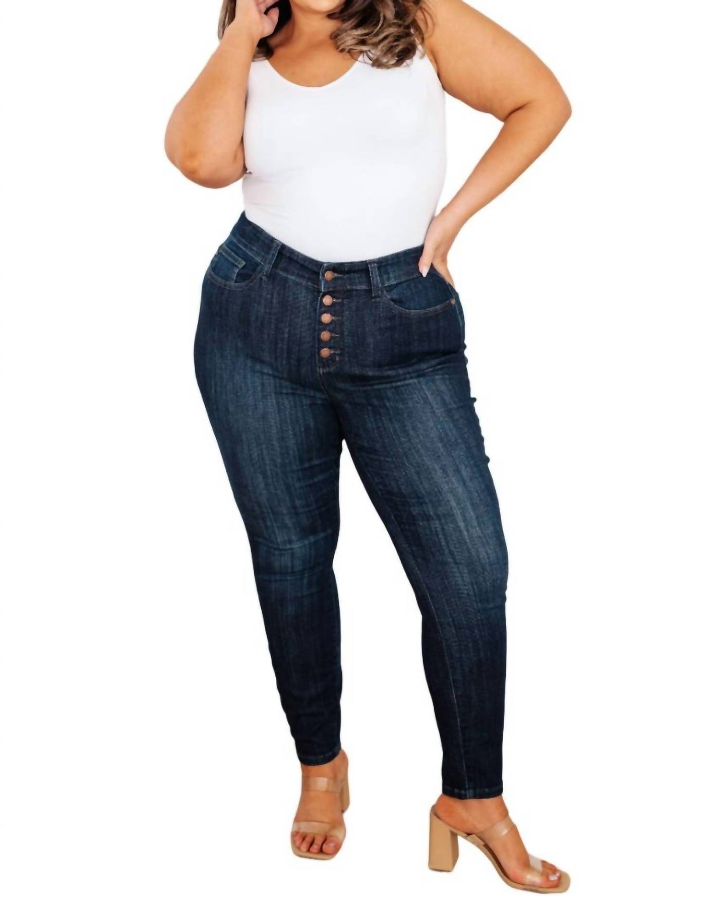 Hohe Taille Hand geschliffen Harz Skinny Jeans In Indigo