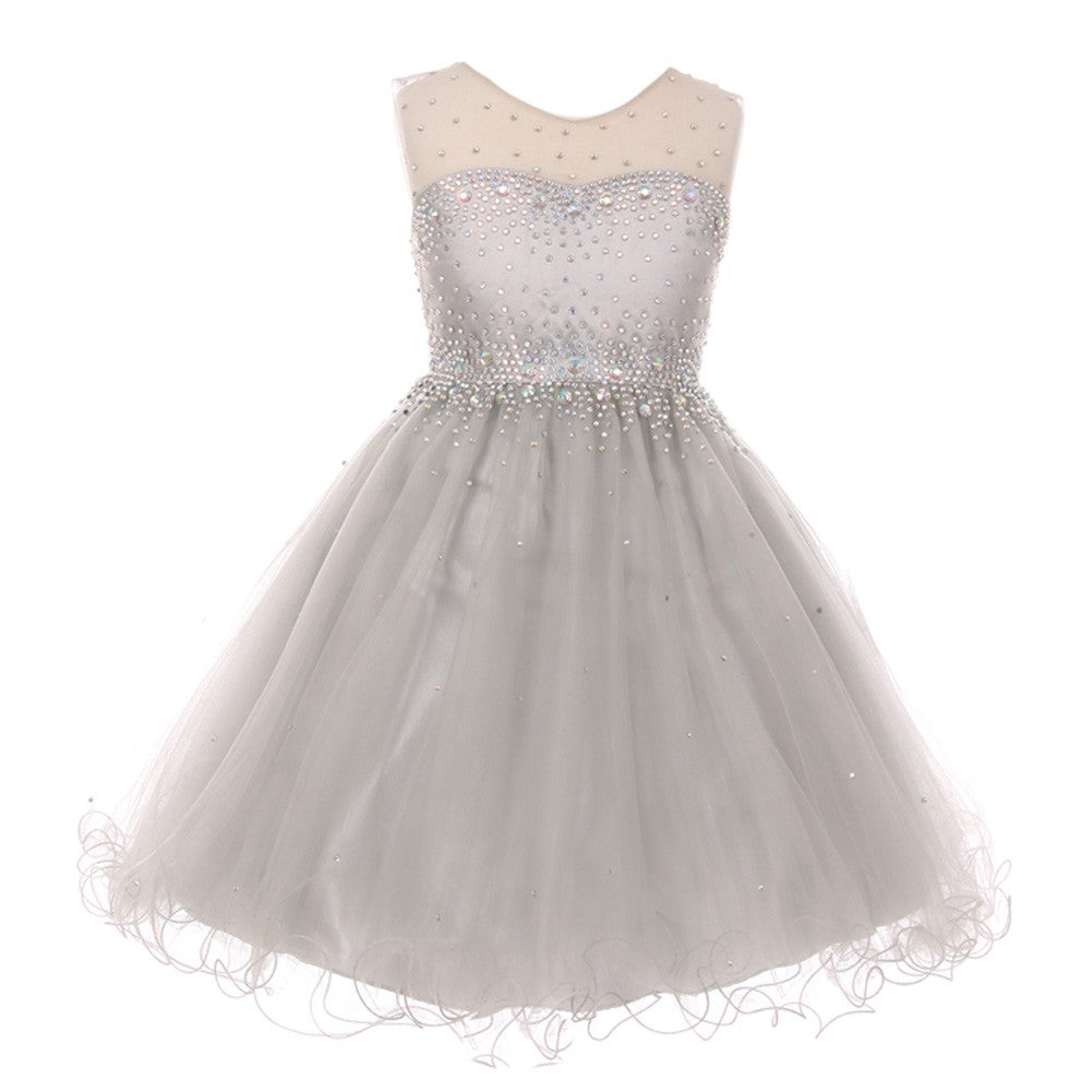 Große Mädchen Silber glitzernd Strass Illusion Tüll Party formelle Kleid 8-16