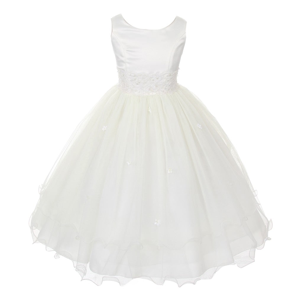 Kleine Mädchen Elfenbein Satin Spitze Beadwork Blumenmädchen Kleid 2-6