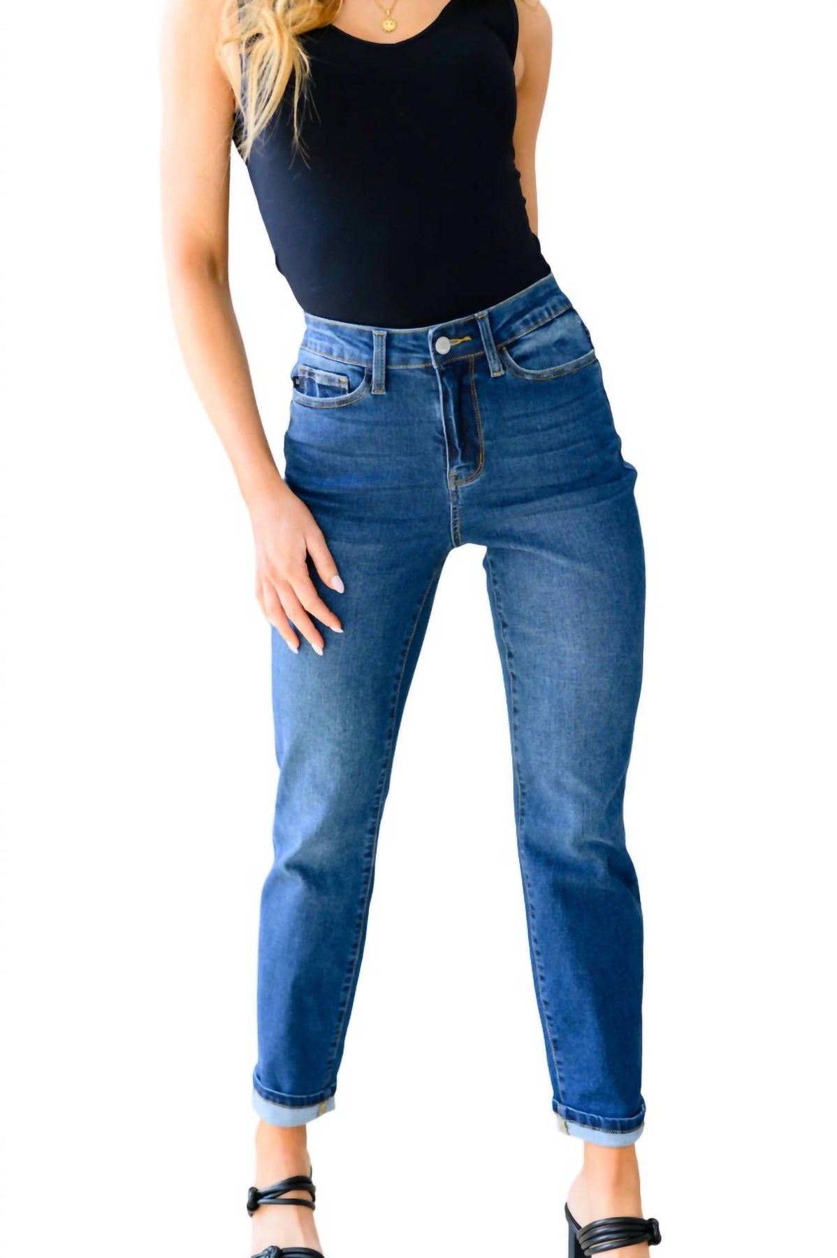 Hoher Bund Boyfriend Jeans in dunkler Waschung