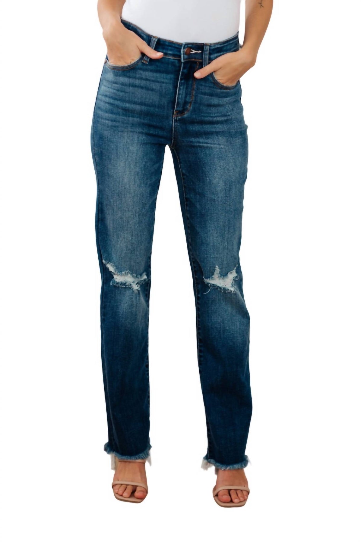 Hoher Bund Distressed Straight Jeans in mittlerer Waschung