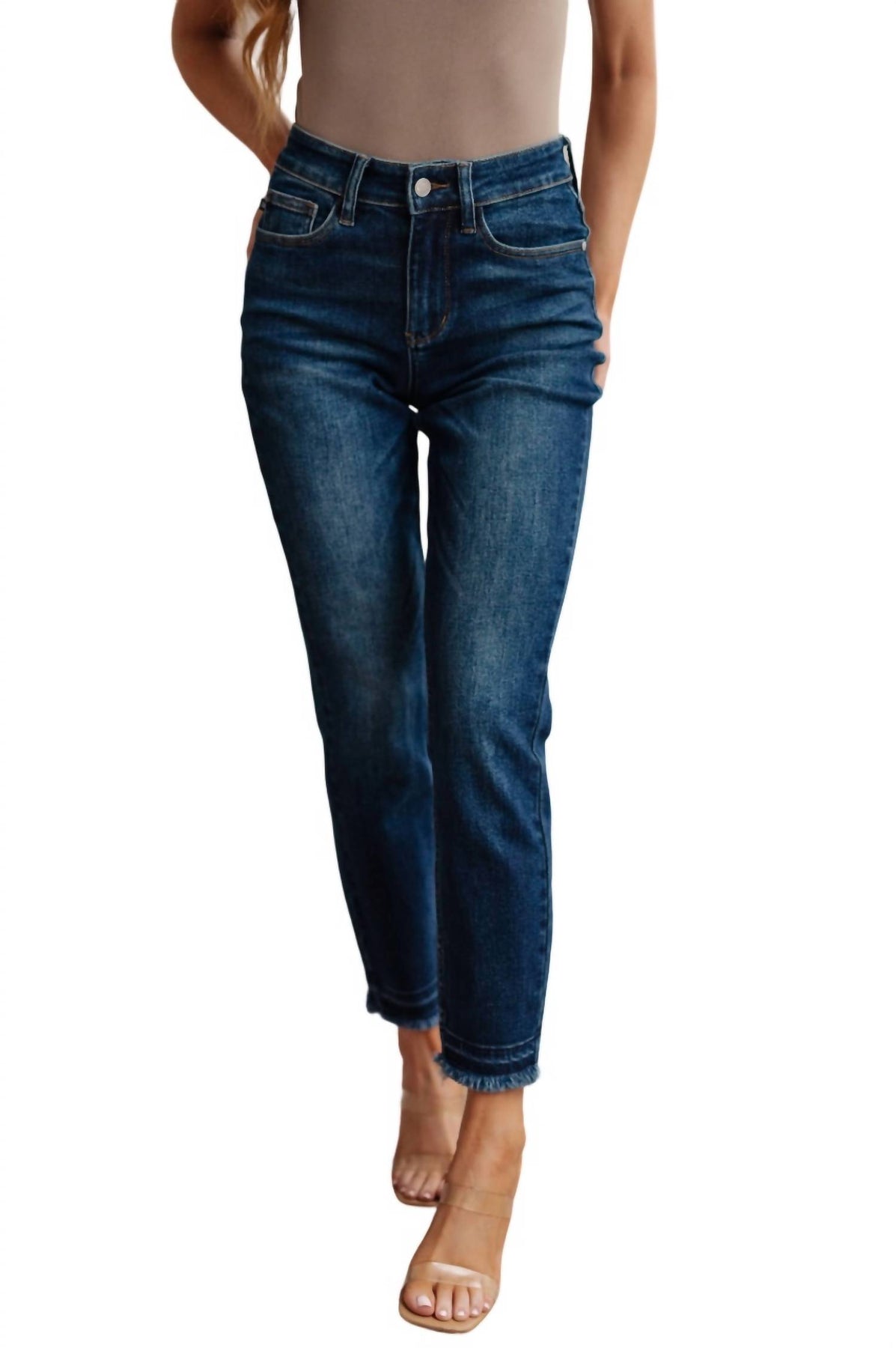 Hoher Bund Release Hem Slim Jeans in dunkler Waschung