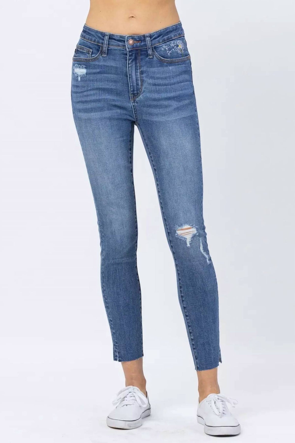 Hi-Waisted Löwenzahn Stickerei Skinny Jeans in dunkler Waschung