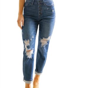 hoher Bund Button Fliege gestresste Freund Jeans in dunkel waschen 7704747049020