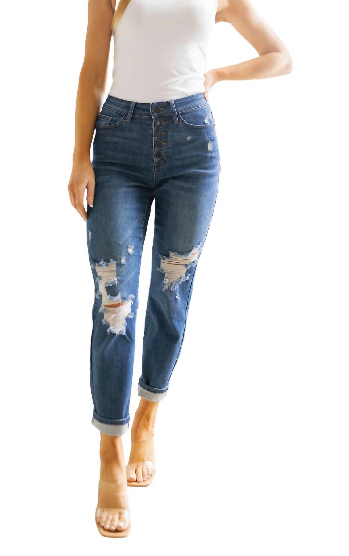 Hochaufsteigende Knopf Fly Distressed Boyfriend Jeans in dunkler Waschung