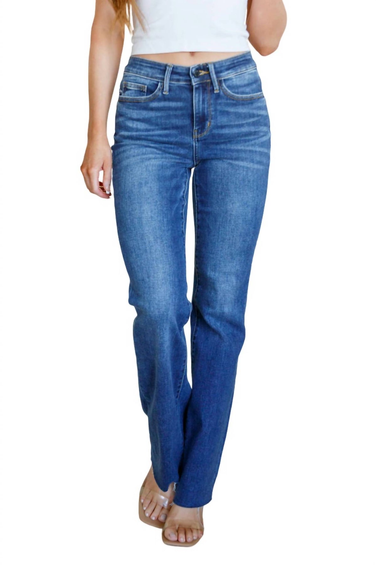 Mittlerer Bund Raw Hem Bootcut Jeans im dunklen Waschgang