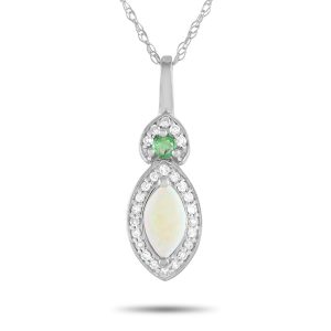 LB Exclusive 14K Weißgold 0.07ct Diamant, Opal und Smaragd Anhänger Halskette - – PD4 / 16299WOPEM