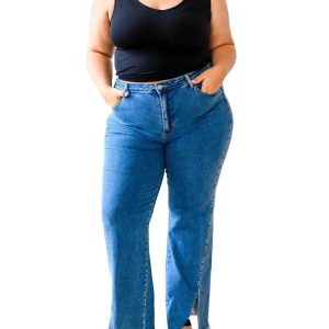 High-Steigerung geteilter Saum gerade Jeans in Vintage Waschung 7704746819644