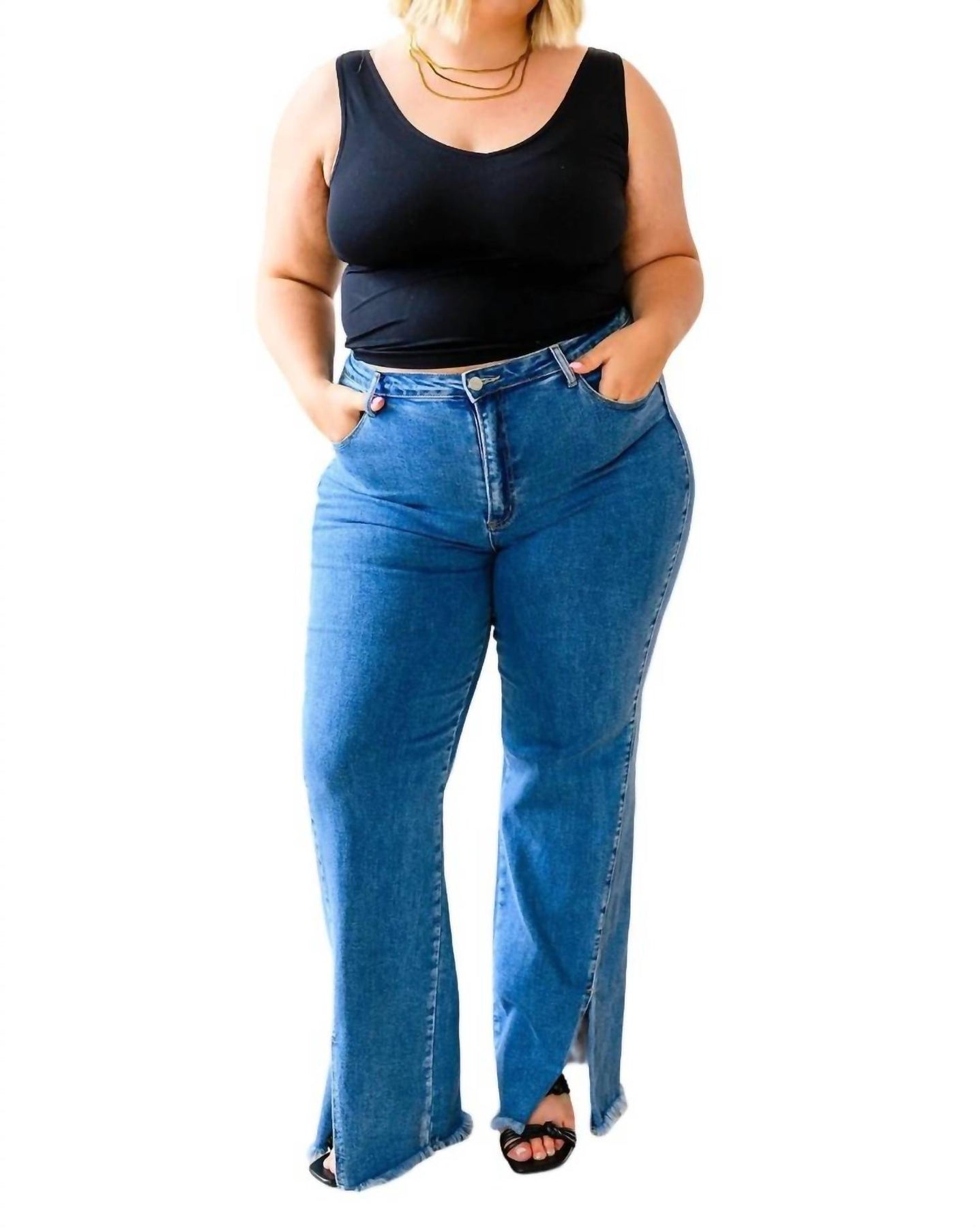 Gerade Jeans mit hohem Rise Split Saum in Vintage Wash