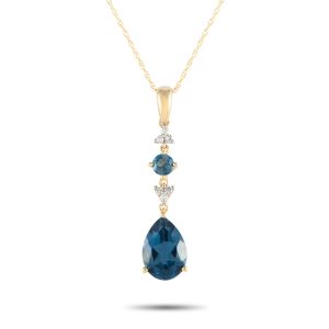 LB Exclusive 14K Gelbgold 0.05ct Diamant und blaue Topaz Anhänger Halskette D4- – 16247YBT