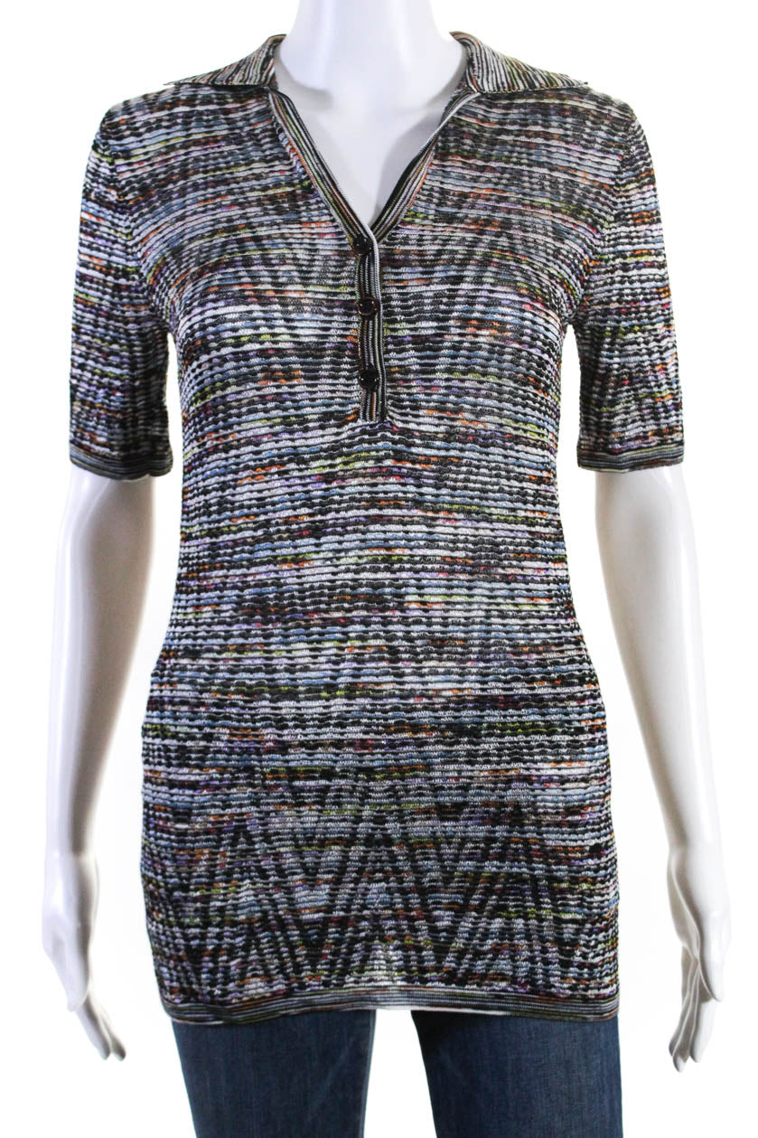 Missoni Damen Kragen V Hals Half Knopf gestreifte Bluse Top Mehrfarbig