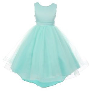 RainKids Kleines Mädchen-Blumenmädchenkleid aus Aqua-Perlen-High-Low-Satin-Tüll, Größe 2–6