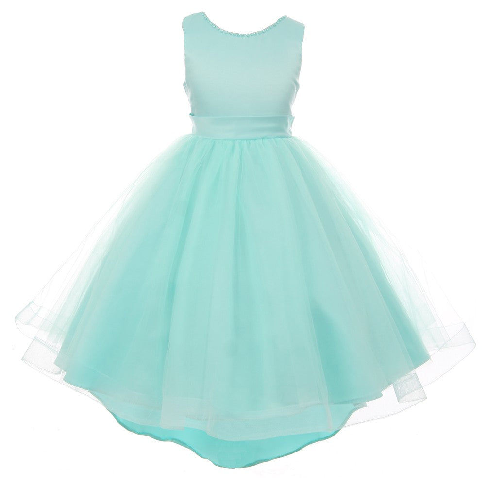 RainKids Kleine Mädchen Aqua Perle Hi-Low Satin Tüll Blumenmädchen Kleid 2-6