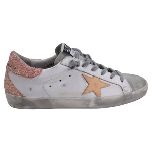 Golden Goose Super-Star with Glitter Ferse Tab Low-Top Sneakers aus weißem Leder 7833195839548