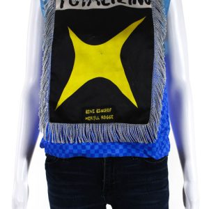 Meryll Rogge Damen ärmellose Fransen Grafik Satin Top Bluse blau 7833254002748