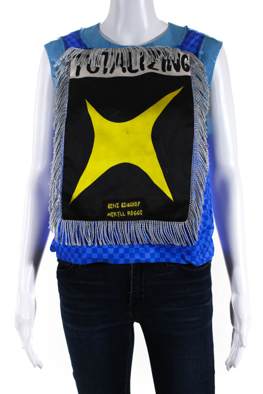 Meryll Rogge Damen ärmellose Fransen Graphic Satin Top Bluse Blau