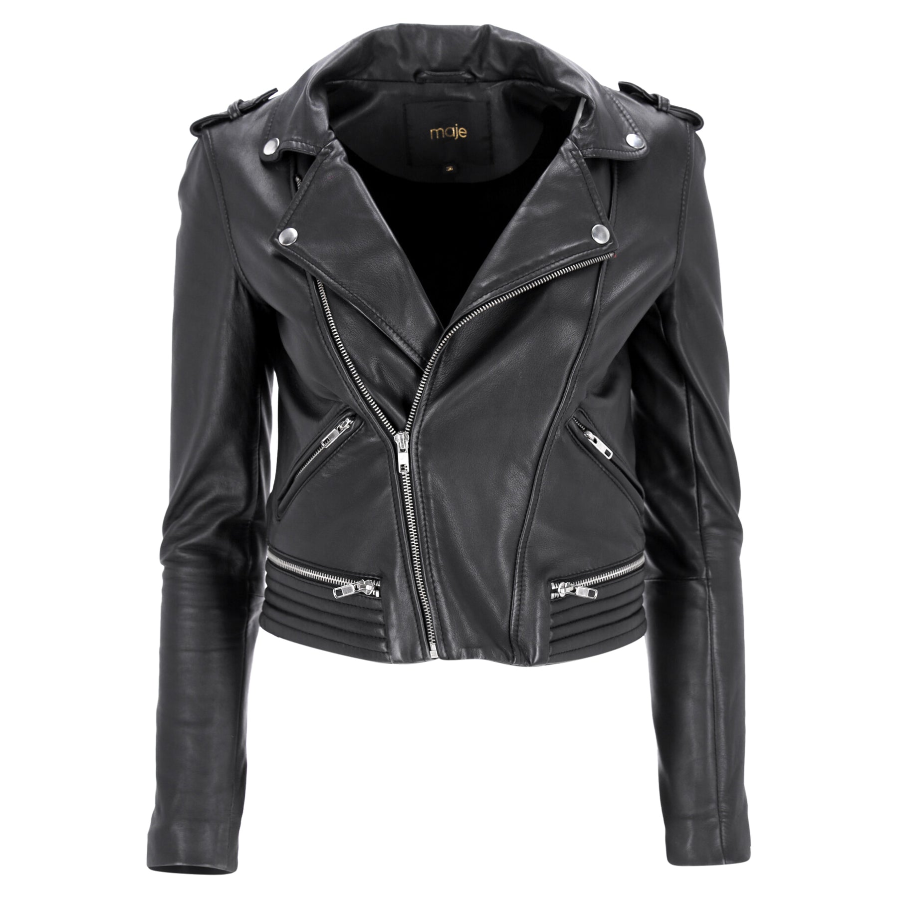 Maje Maya Biker Jacke mit Quilt-Detail aus schwarzem Leder