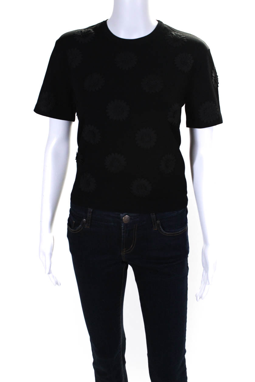 Valentino Damen Kurzarm Rundhals Strick mit Blumenmuster Top Schwarz