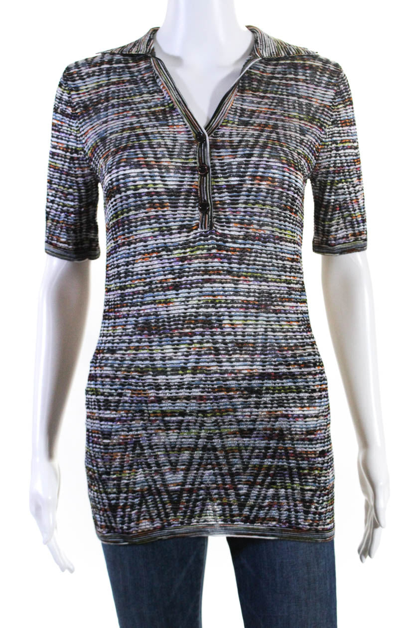 Missoni Damen Kragen V-Ausschnitt gestreift Kurzarm Bluse Top Mehrfarbig
