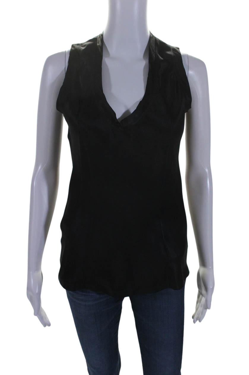 Yves Saint Laurent Damen ärmellosen V-Ausschnitt Seide Top Bluse Schwarz