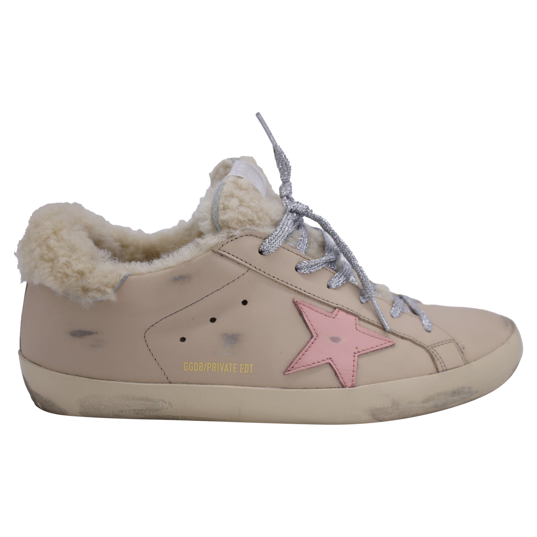 Golden Goose Super-Star mit Shearling Low-Top Sneaker aus Nude Leder