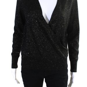 Lafayette 148 New York Damen Metallic Wickelpullover Bluse schwarz gold 7833265242172
