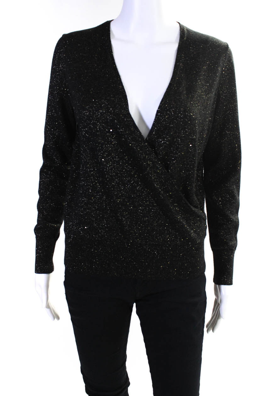Lafayette 148 New York Damen Metallic Wrap Pullover Bluse Schwarz Gold