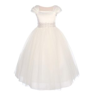 kleine Mädchen Elfenbein Satin Mesh Perlenarbeit Blumenmädchen Kleid 2-6