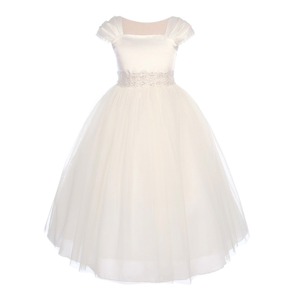 Kleine Mädchen Elfenbein Satin Mesh Beadwork Blumenmädchen Kleid 2-6