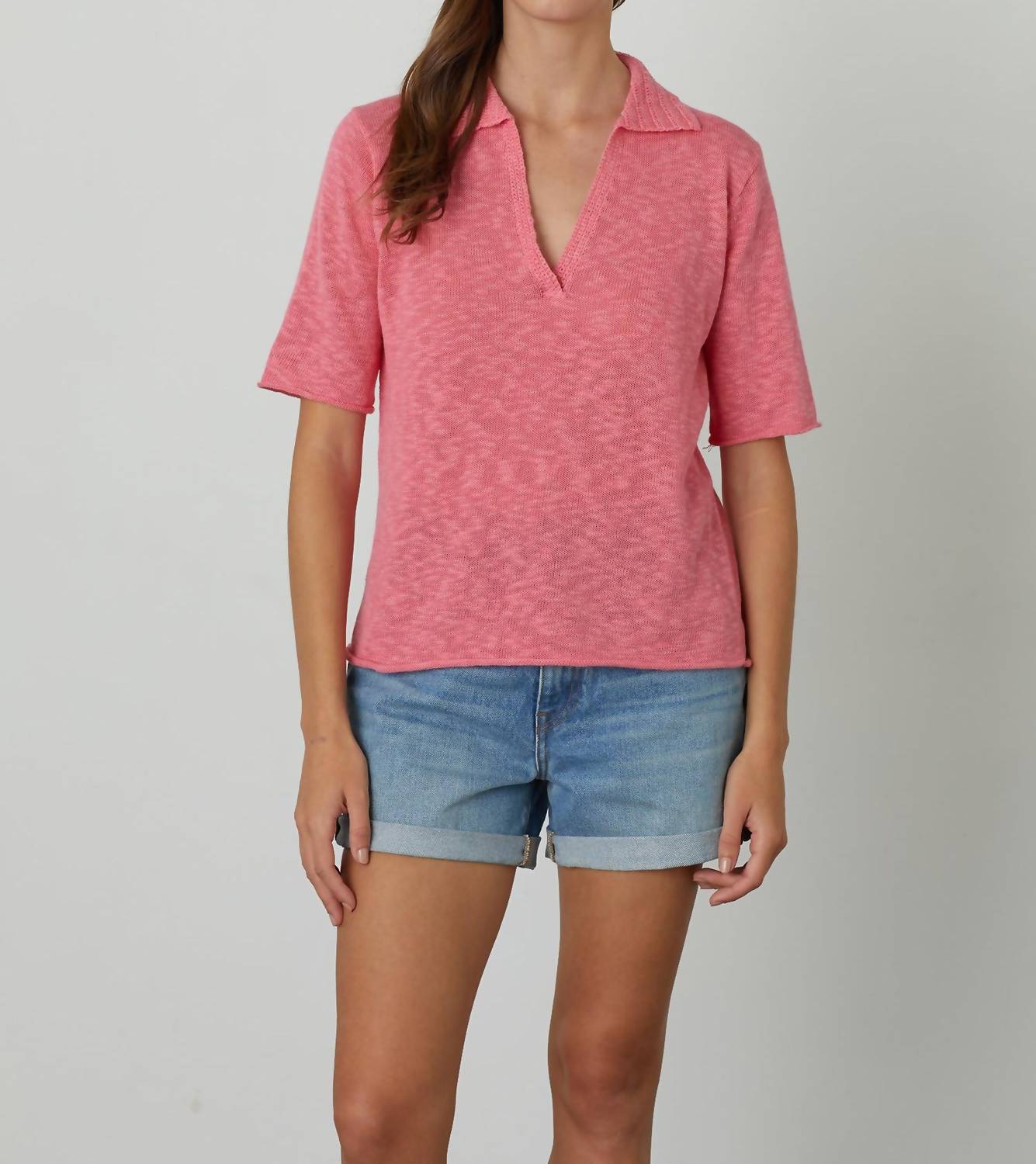 Samt Leinen Polo Torie Top in Rose